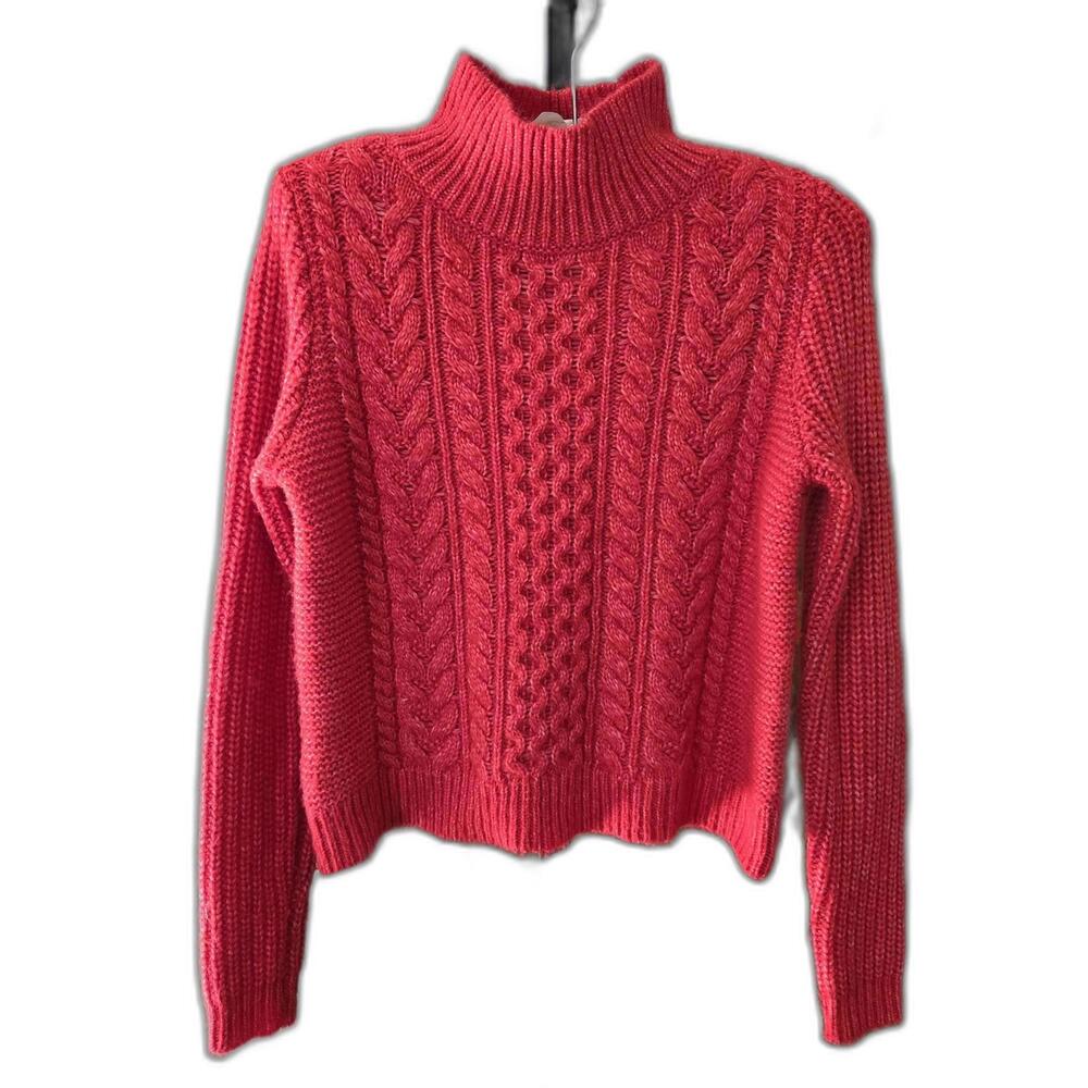 Loft Women's X-Small Wool Blend Cropped Cable Knit Red Turtle Neck Sweater Cozy